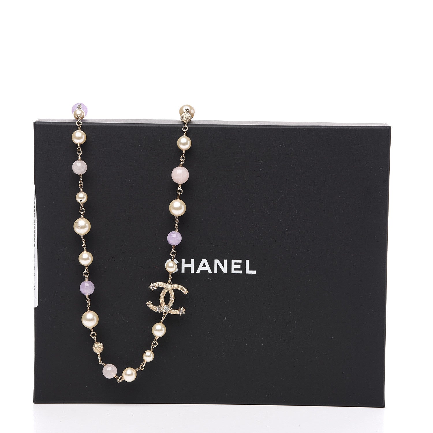 Chanel Crystal Pearl Beaded Star CC Necklace Gold Purple 5 of 5