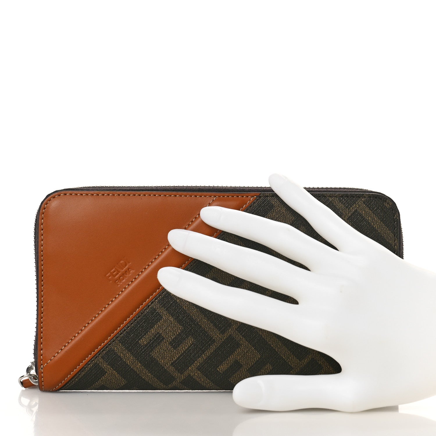 Fendi Glazed Fabric Vitello King FF 1974 Diagonal Zip Around Wallet Tobacco Moro Cuoio 2 of 8