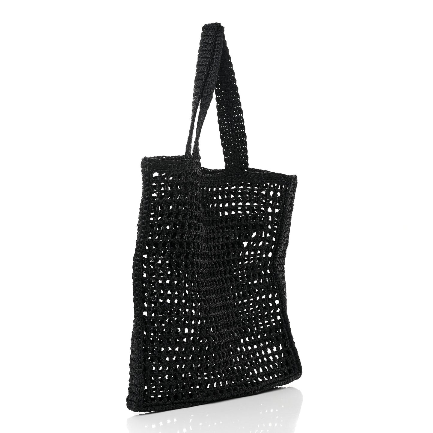 Yarn Raffia Effect Crochet Logo Embroidered Tote Bag Black