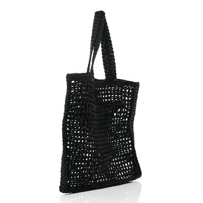 Prada Yarn Raffia Effect Crochet Logo Embroidered Tote Bag Black 3 of 11