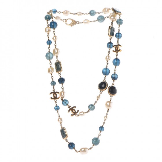 Pearl Bead CC Long Necklace Blue Gold