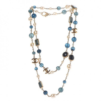 Chanel Pearl Bead CC Long Necklace Blue Gold 3 of 4