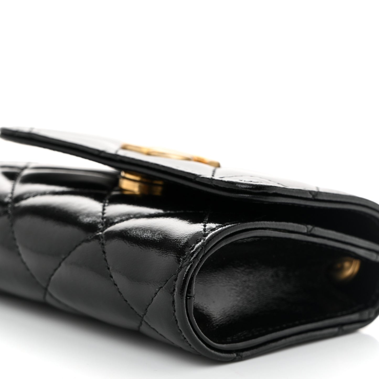 Shiny Lambskin Quilted Medallion Card Holder On Chain Black