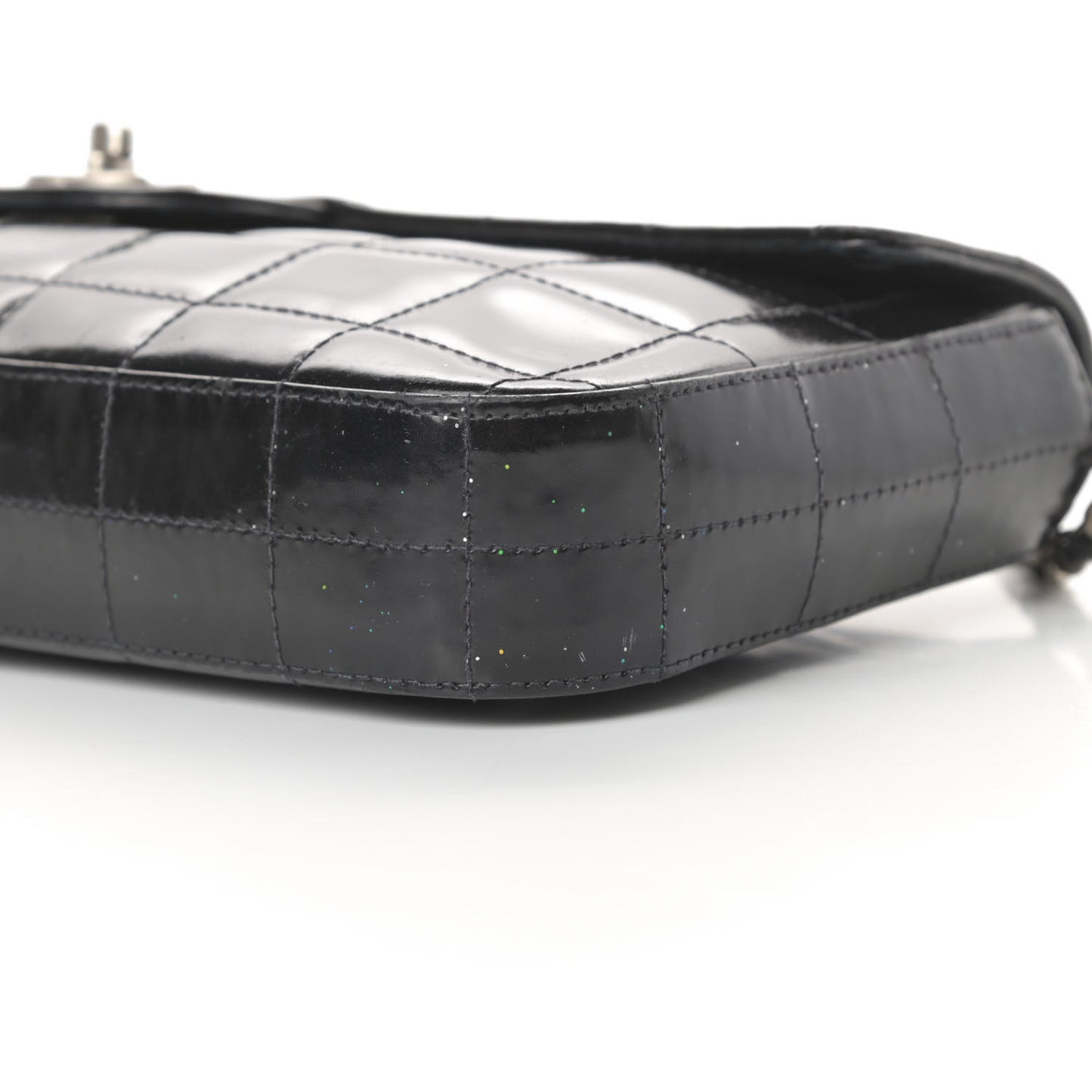 Patent Quilted East West Chocolate Bar Flap Black