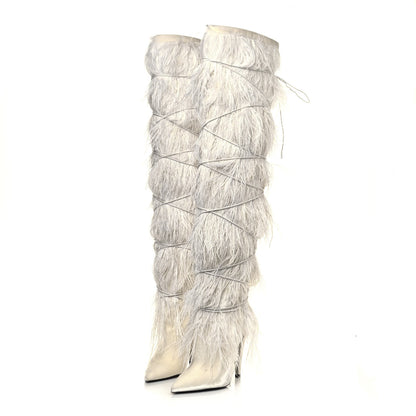 Saint Laurent Veluto Master Ostrich Yeti 110 Over The Knee Boots 38 Blanc Optique 3 of 8