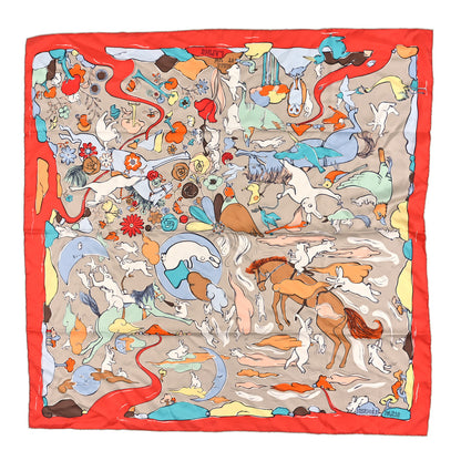 Hermes Silk Twill Mille Et Un Lapins Scarf 90 Rouge Grenadine Gris Perle Turquoise 1 of 3