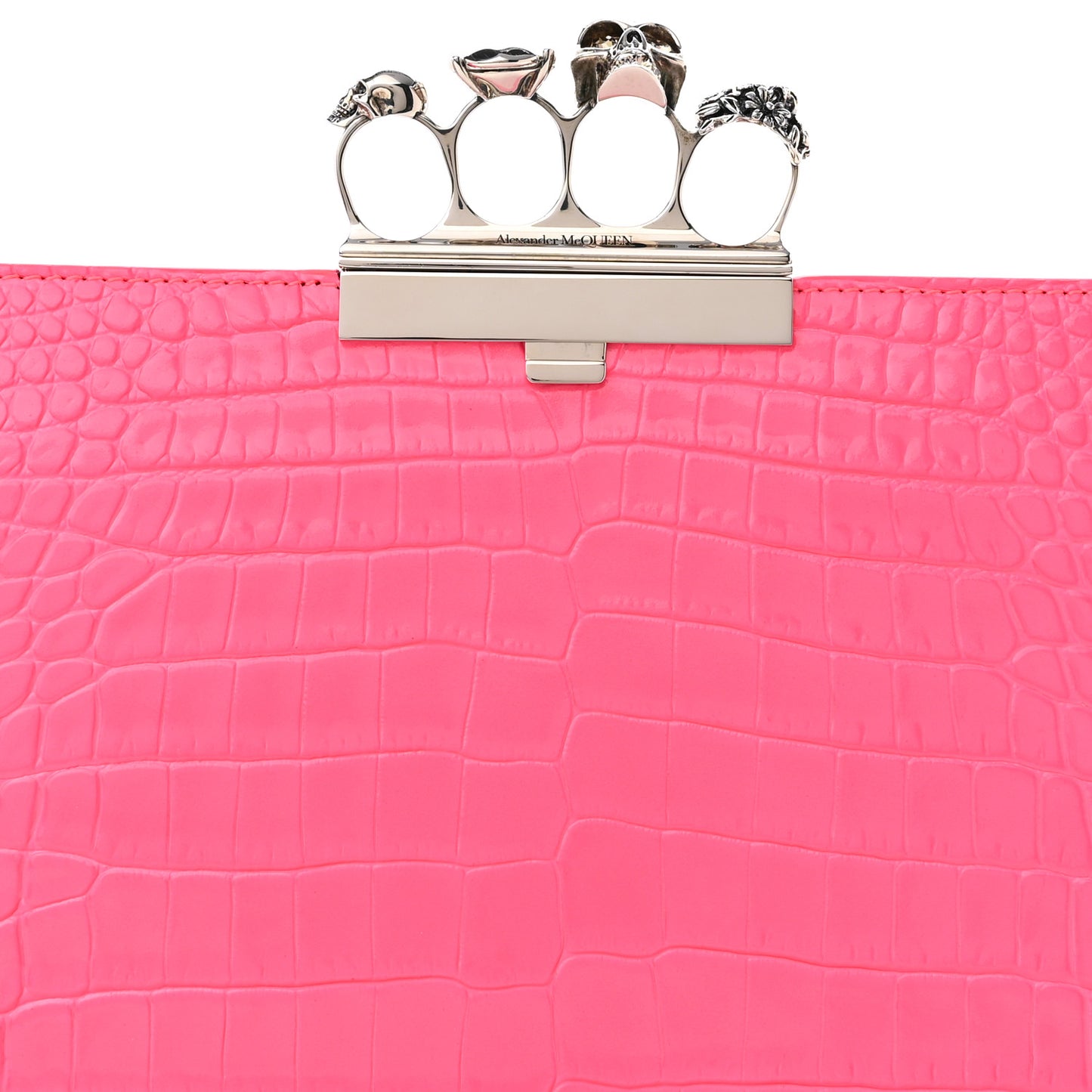 Calfskin Crocodile Embossed Knuckle Flat Clutch Neon Pink