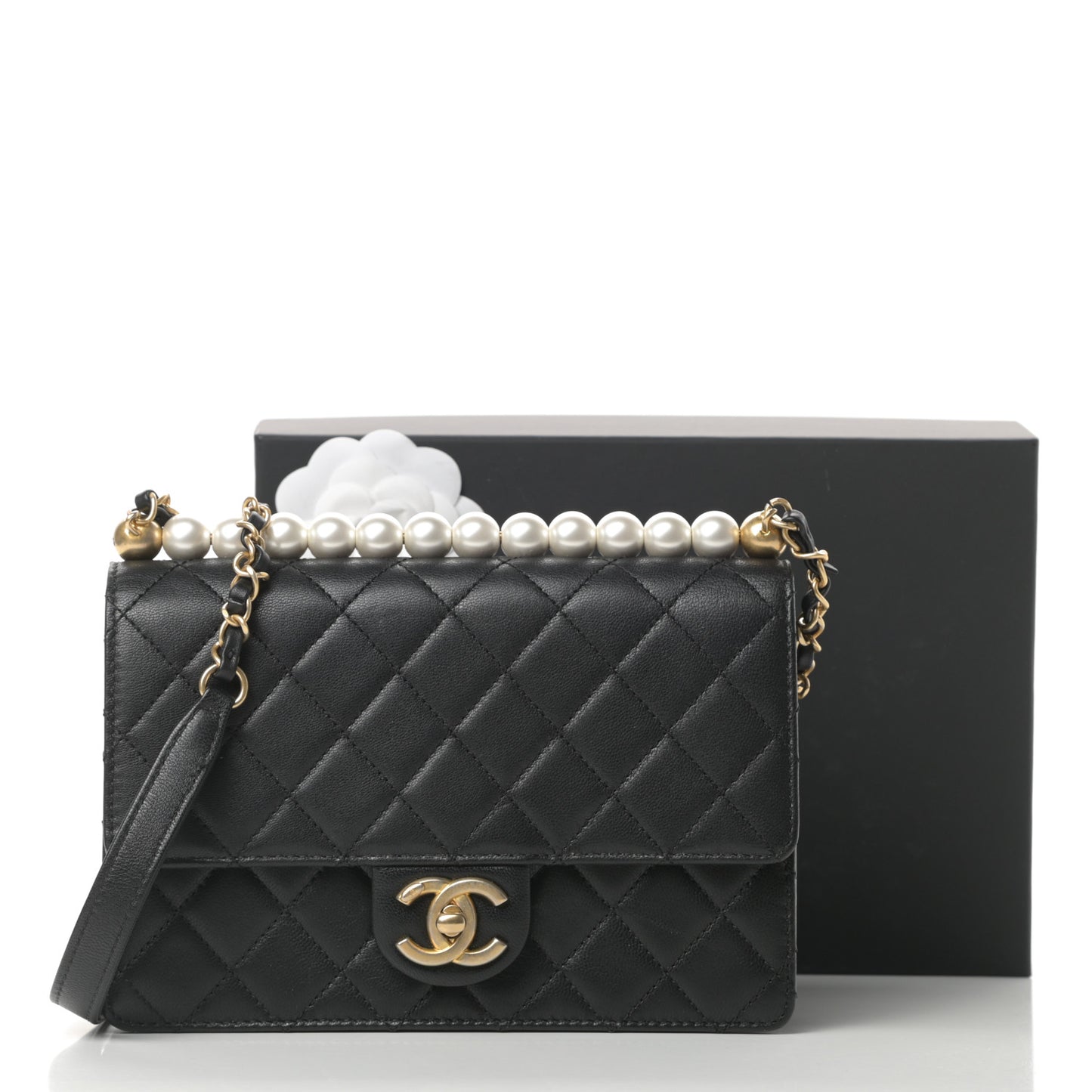 Lambskin Quilted Small Chic Pearls Flap Black