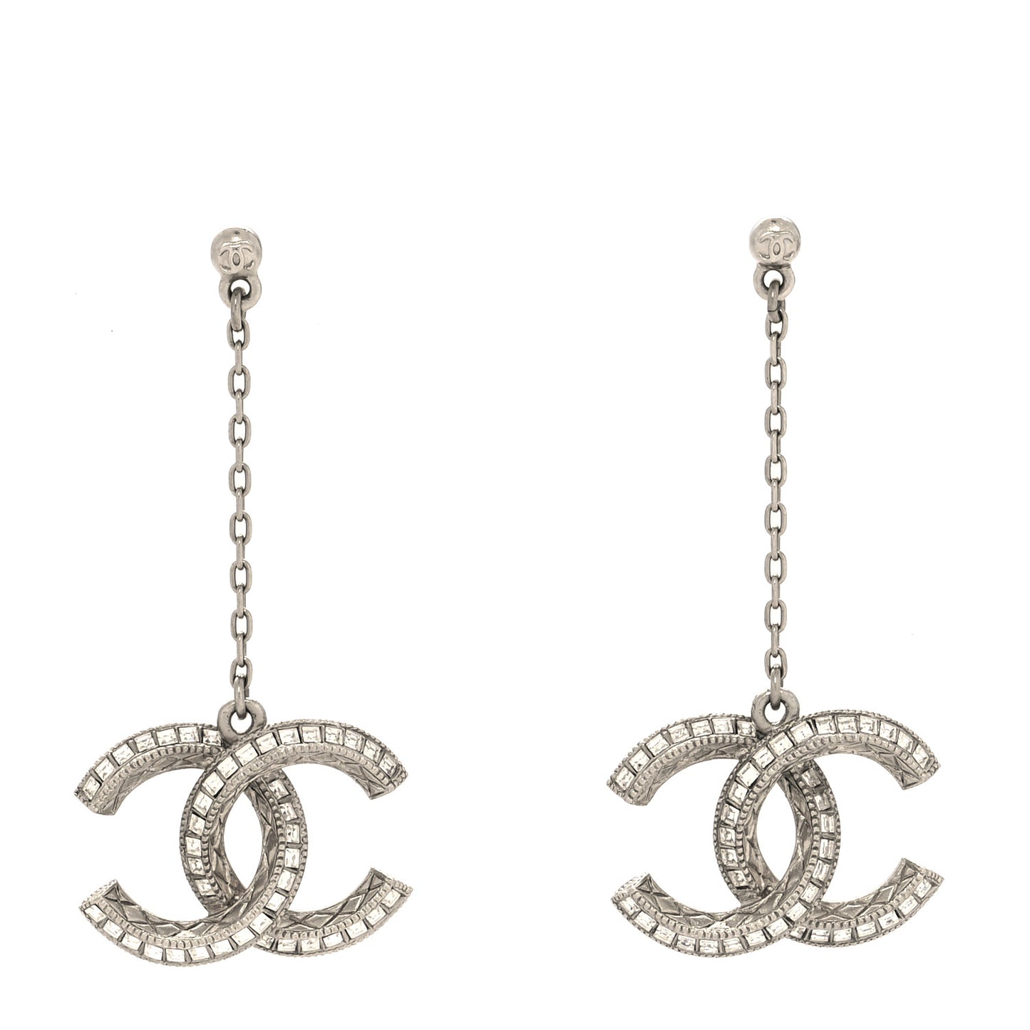 Baguette Crystal CC Drop Earrings Silver
