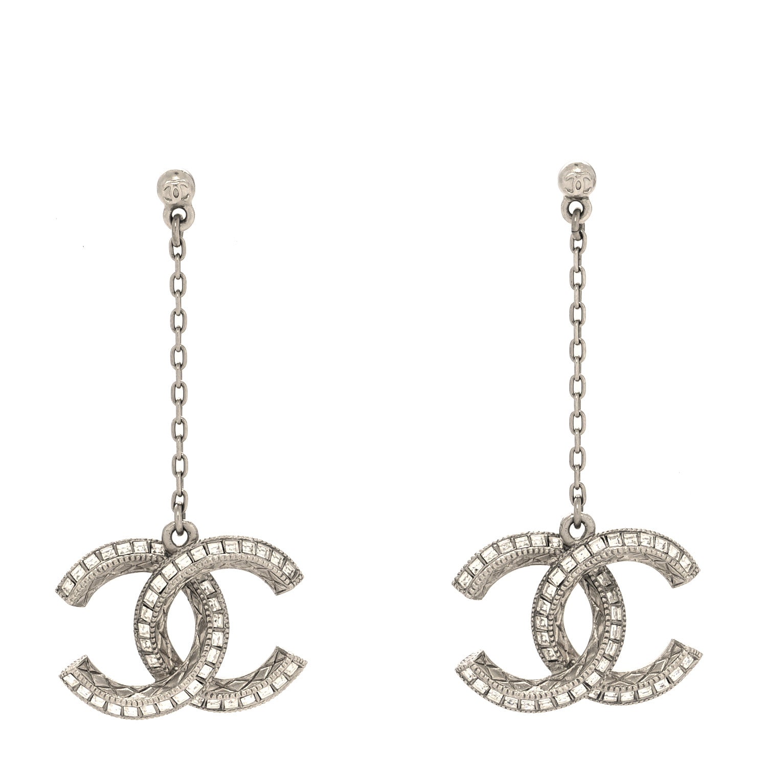 Chanel Baguette Crystal CC Drop Earrings Silver 1 of 4