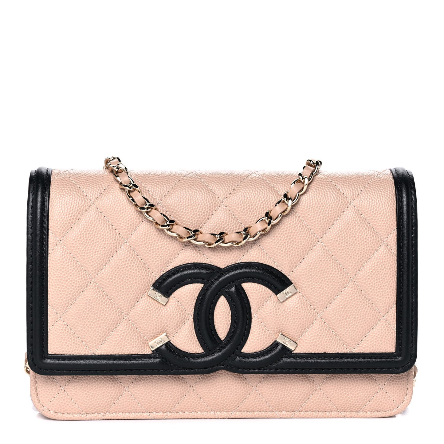 Caviar Quilted CC Filigree Wallet On Chain WOC Beige Black
