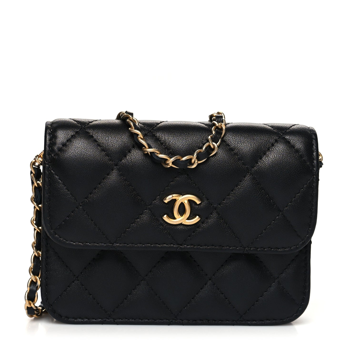 Lambskin Quilted CC Pearl Crush Card Holder With Chain Black