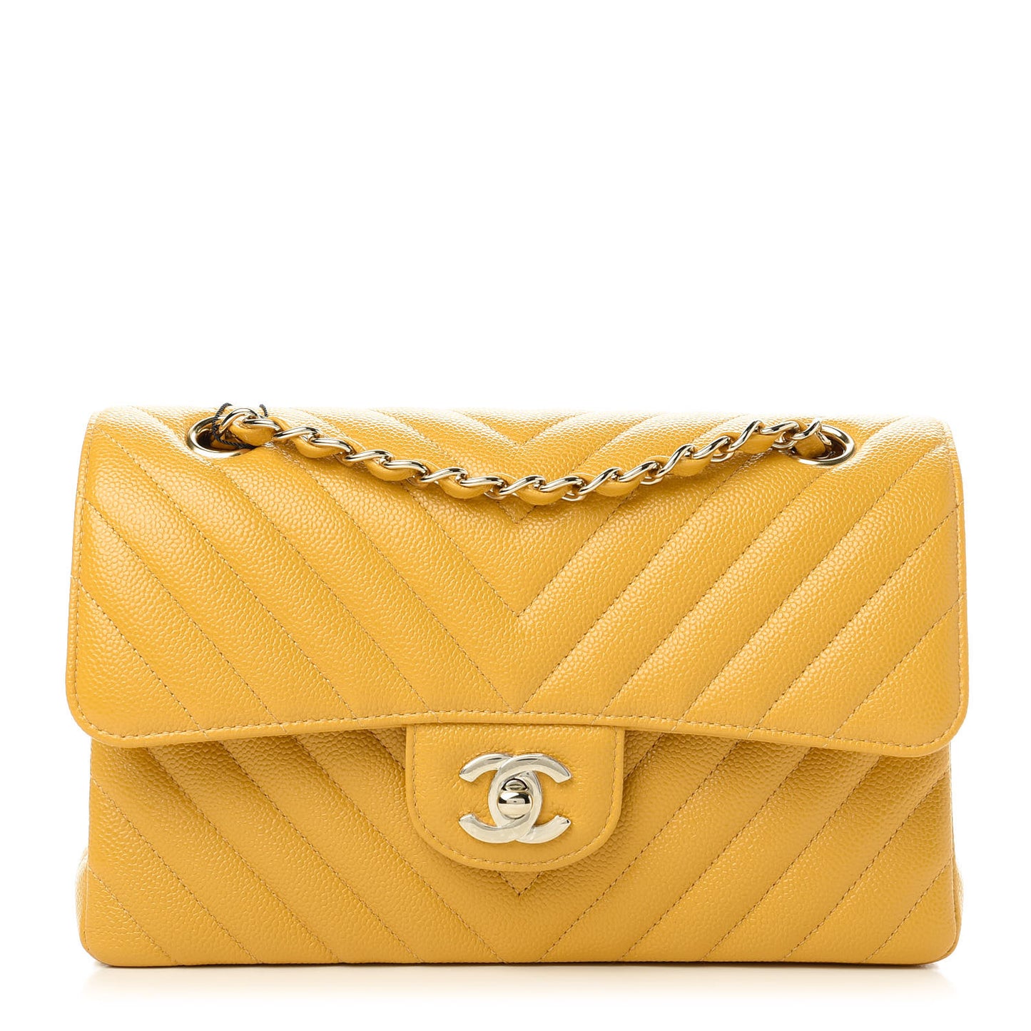 Caviar Chevron Quilted Small Double Flap Yellow