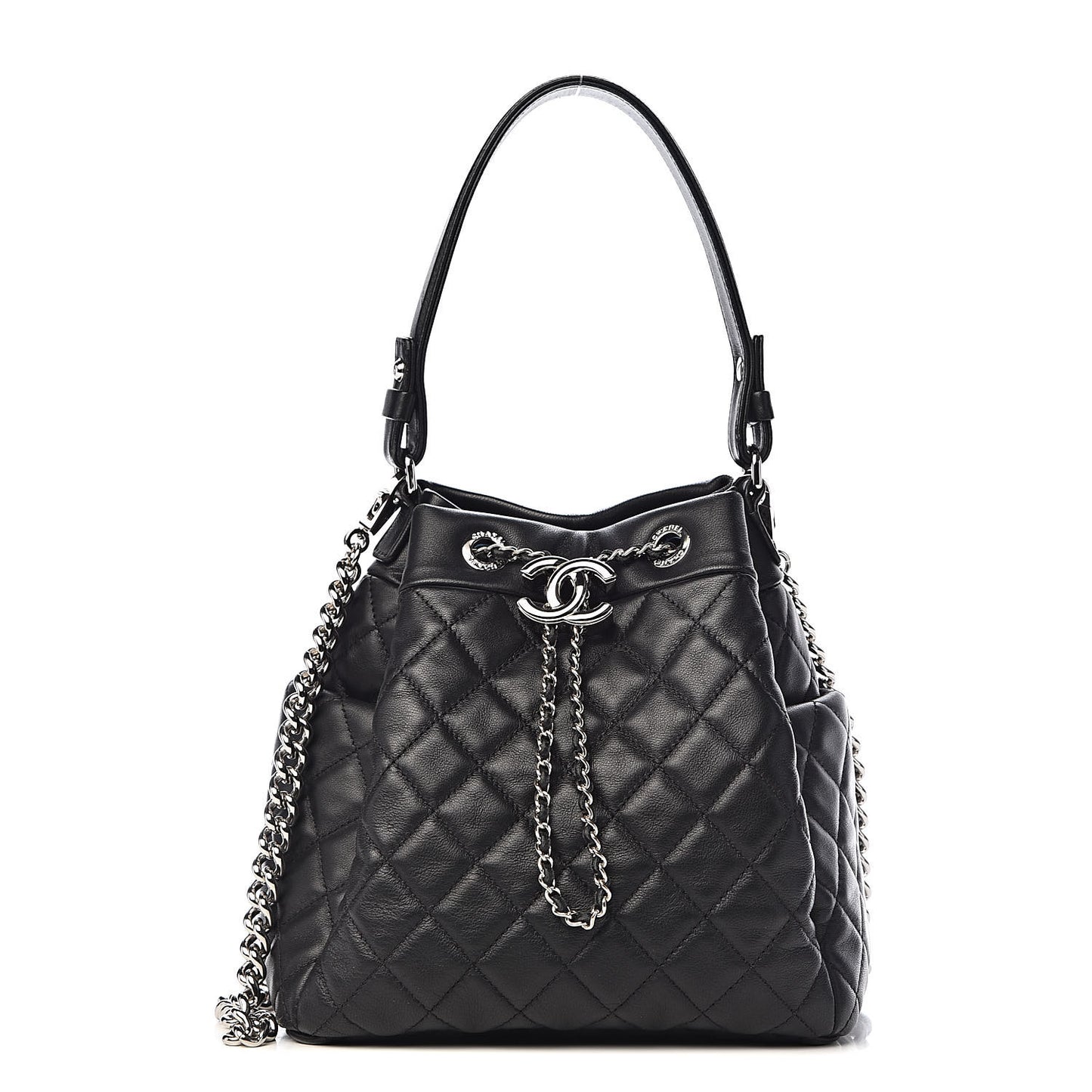 Lambskin Quilted CC Chain Drawstring Tote Black
