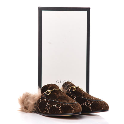 Gucci Velvet GG Monogram Fur Womens Princetown Slippers 36 Brown Black Natural 8 of 8