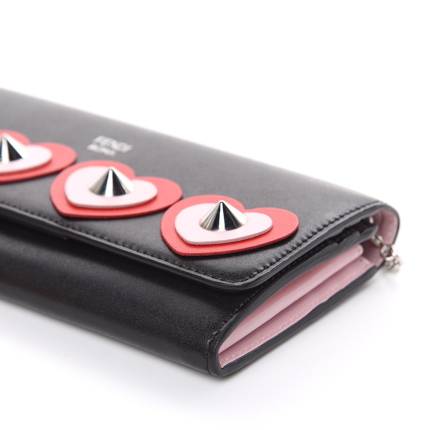Fendi Calfskin Heart Studded Continental Wallet On Chain Black Red Peonia 9 of 11