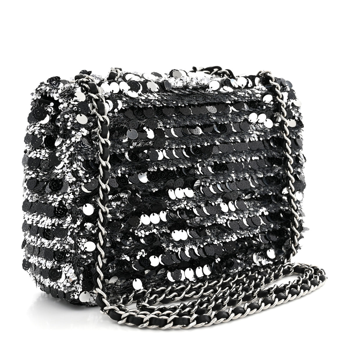 Sequin Camellia Small Single Flap Silver Black