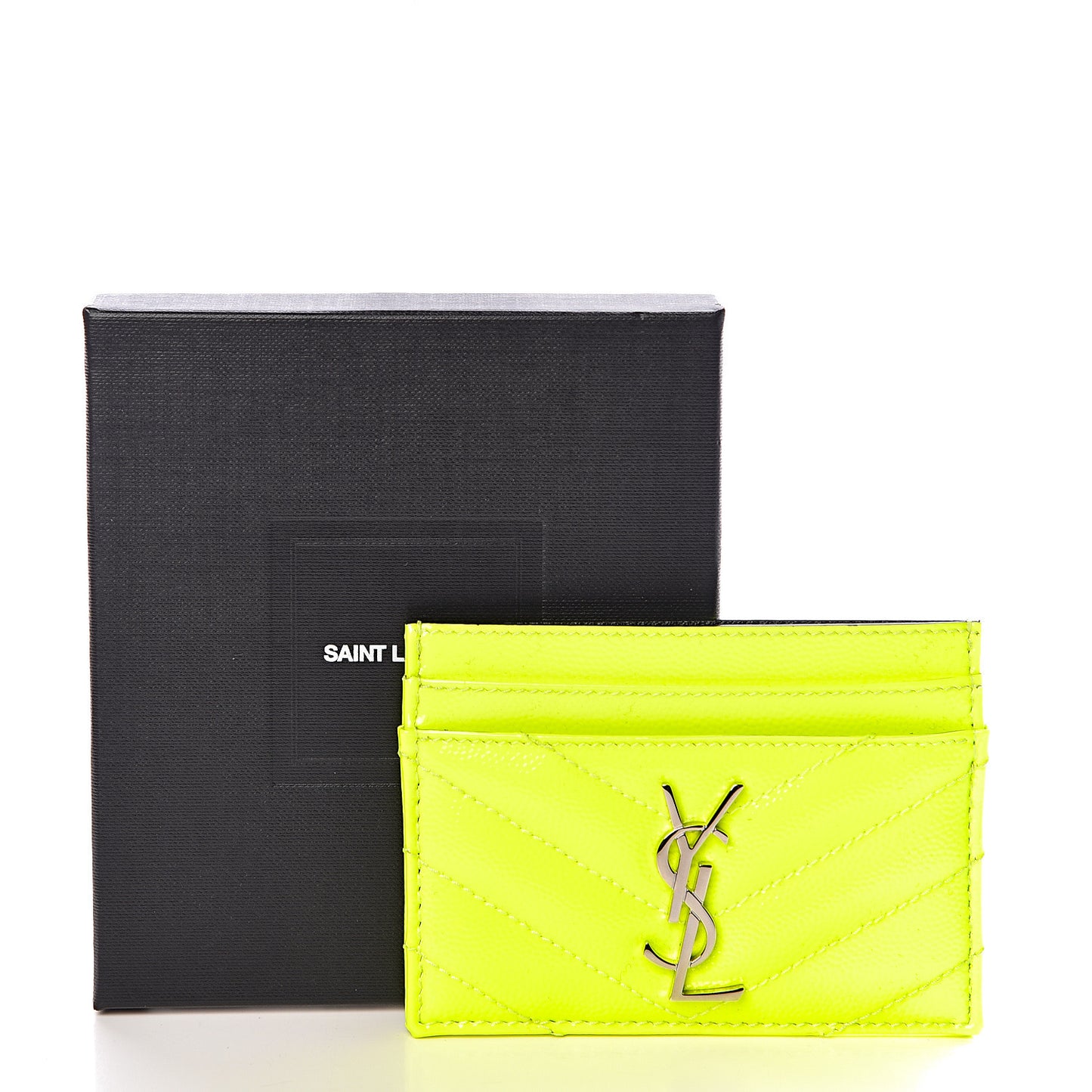 Patent Grain De Poudre Matelasse Chevron Monogram Credit Card Case Neon Yellow