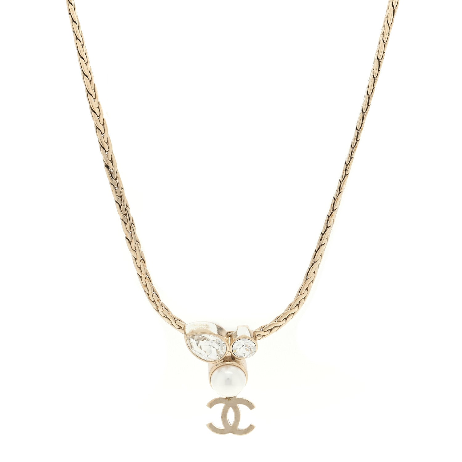 Chanel Pearl Crystal CC Teardrop Braided Necklace Gold 1 of 3
