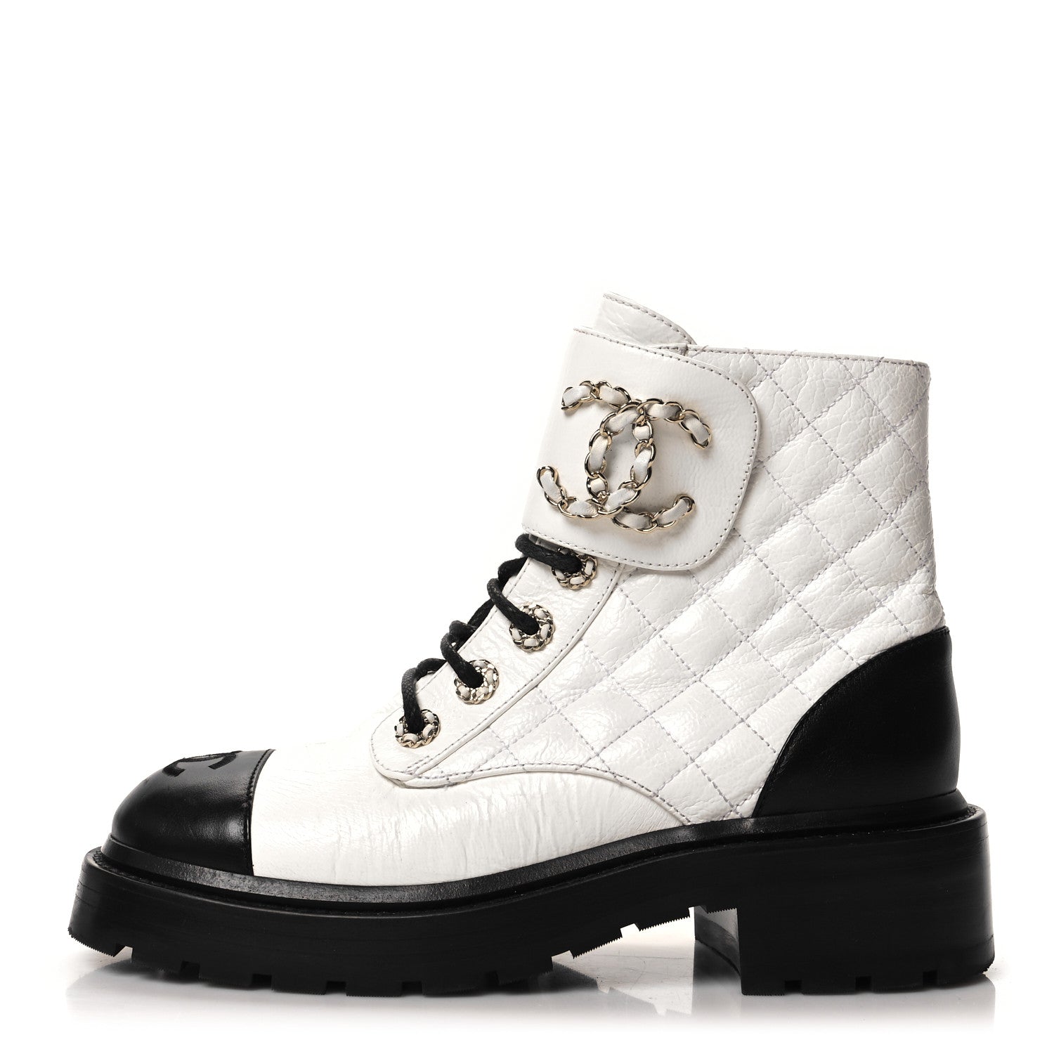 Chanel Shiny Lambskin Quilted Lace Up Combat Boots 36 White Black 1 of 7