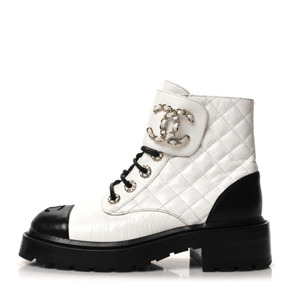 Chanel Shiny Lambskin Quilted Lace Up Combat Boots 36 White Black 1 of 7