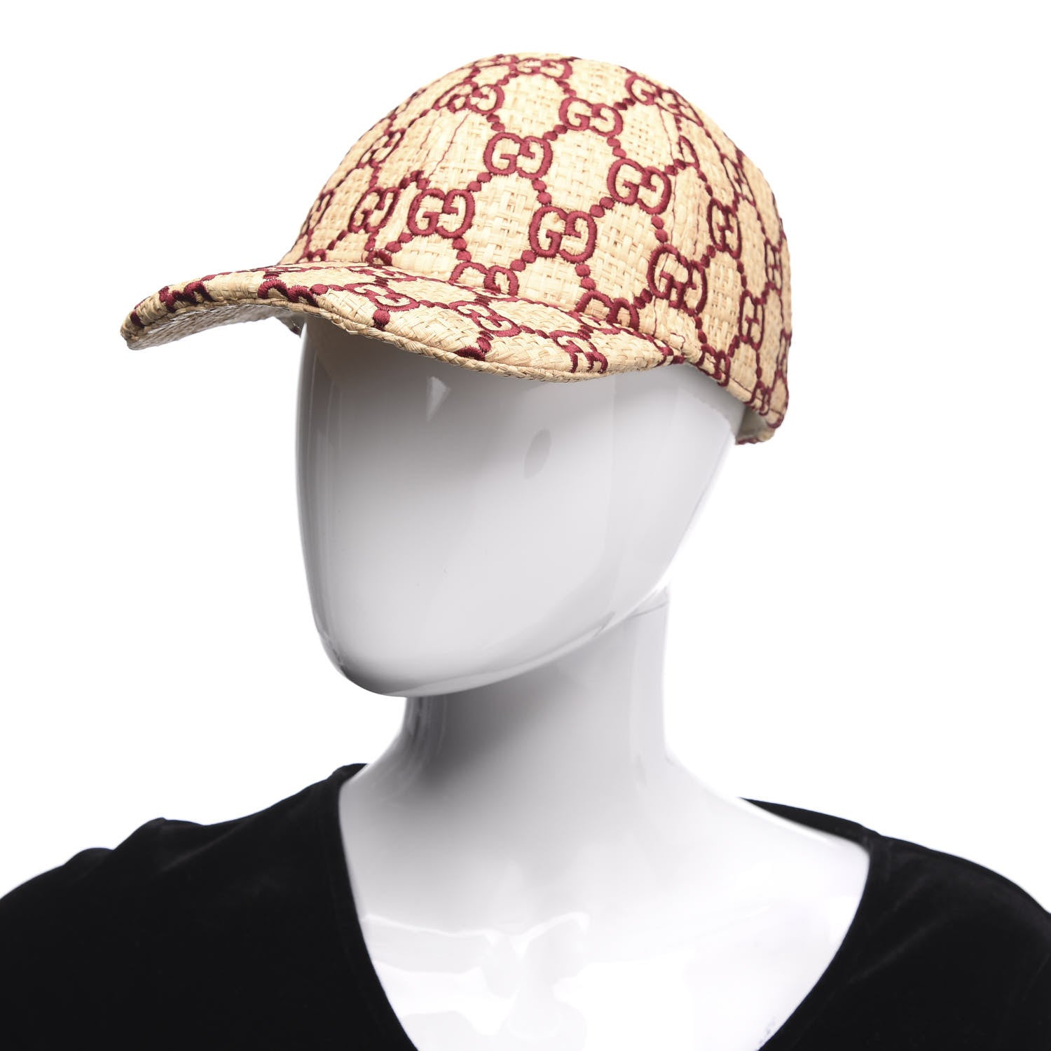 Gucci Raffia GG Monogram Elaphe Embroidered Aisha Baseball Hat S Ivory Bordeaux 2 of 8
