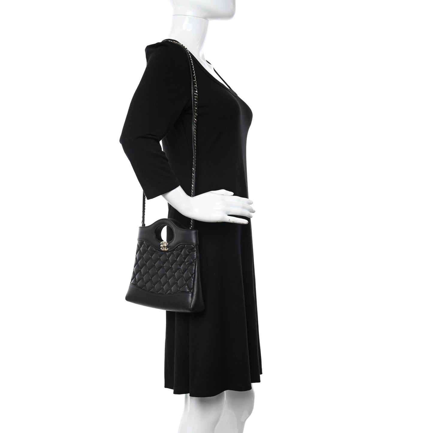 Shiny Crumpled Calfskin Quilted Mini 31 Shopping Bag Black