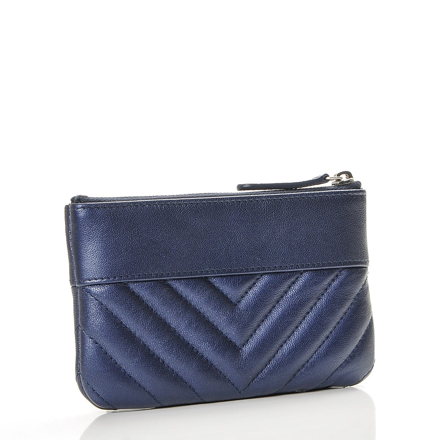 Metallic Sheepskin Chevron Quilted Small Vintage Mademoiselle Cosmetic Case Navy