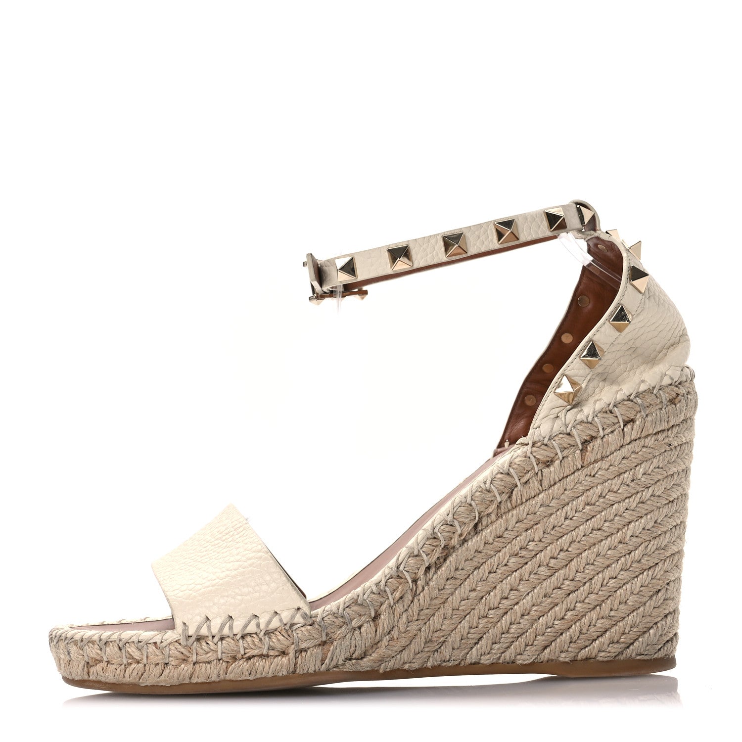 Valentino Garavani Grained Calfskin Rockstud Crisscross Ankle Strap Espadrille Wedge Sandals 39 Light Ivory 1 of 12
