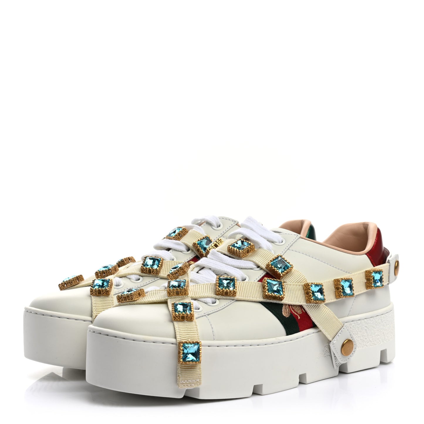 Calfskin Removable Crystals Bee Embroidered Ace Platform Sneakers 37.5 White