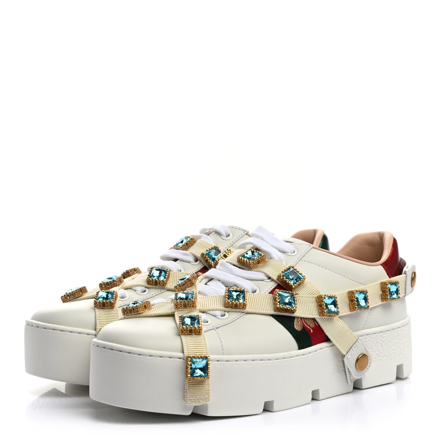 Gucci Calfskin Removable Crystals Bee Embroidered Ace Platform Sneakers 37.5 White 3 of 8