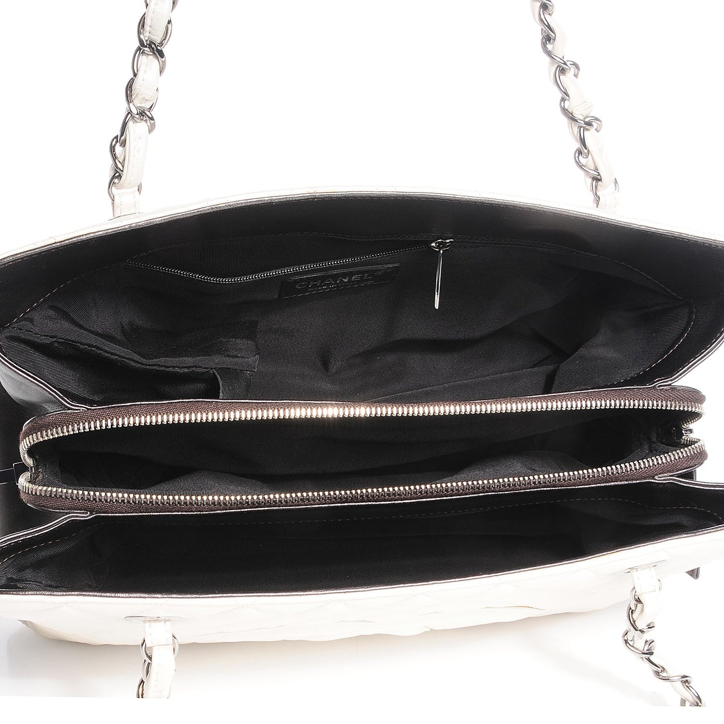 Metallic Calfskin Quilted Mademoiselle Tote Pearl Black