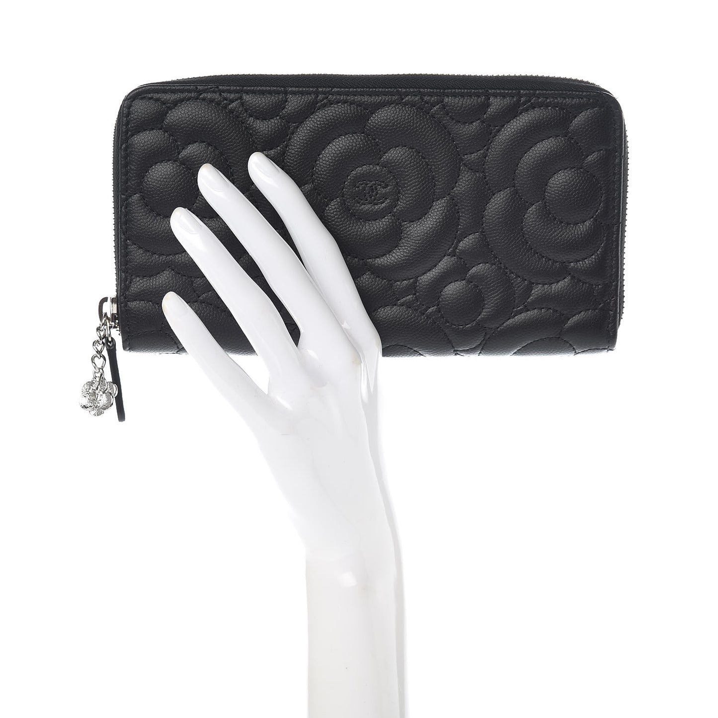 Caviar Camellia Embossed Large Gusset Zip Around Wallet Black