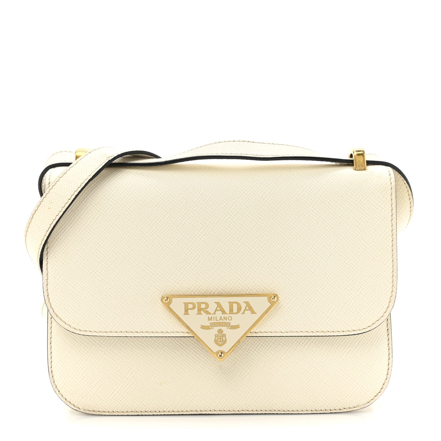 Prada Saffiano Cuir Triangle Embleme Flap Shoulder Bag White