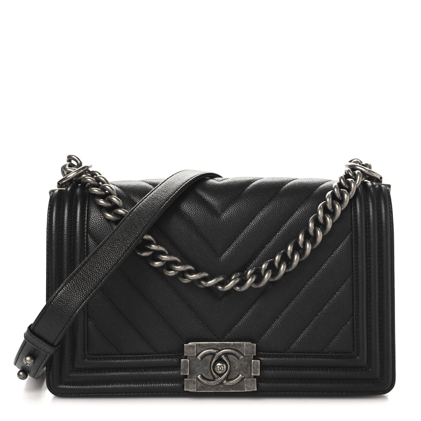 Caviar Chevron Quilted Medium Boy Flap Black