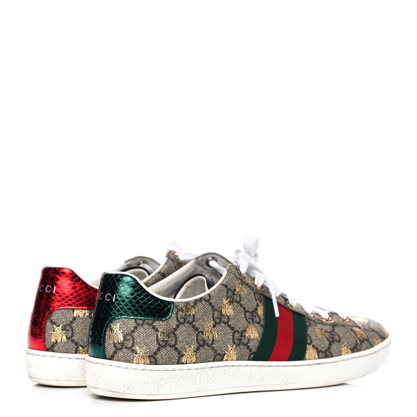 GG Supreme Monogram Bees Ayers Web Womens Ace Sneakers 38.5 Beige Oro Green Red