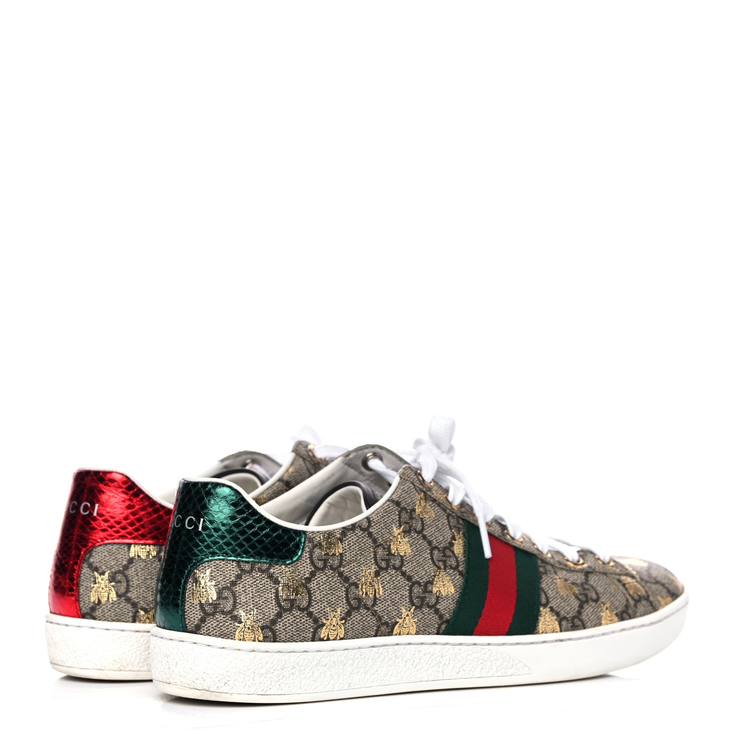 Gucci GG Supreme Monogram Bees Ayers Web Womens Ace Sneakers 38.5 Beige Oro Green Red 4 of 13