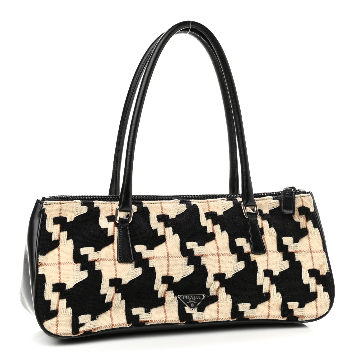 Prada Wool Calfskin Houndstooth Top Handle Bag Black White 3 of 10