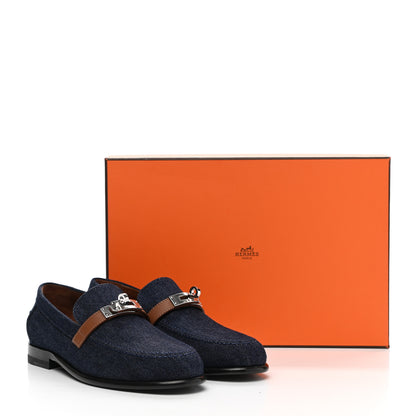 Hermes Denim Canvas Calfskin Womens Destin Loafer 36 Bleu Brut Gold 9 of 9