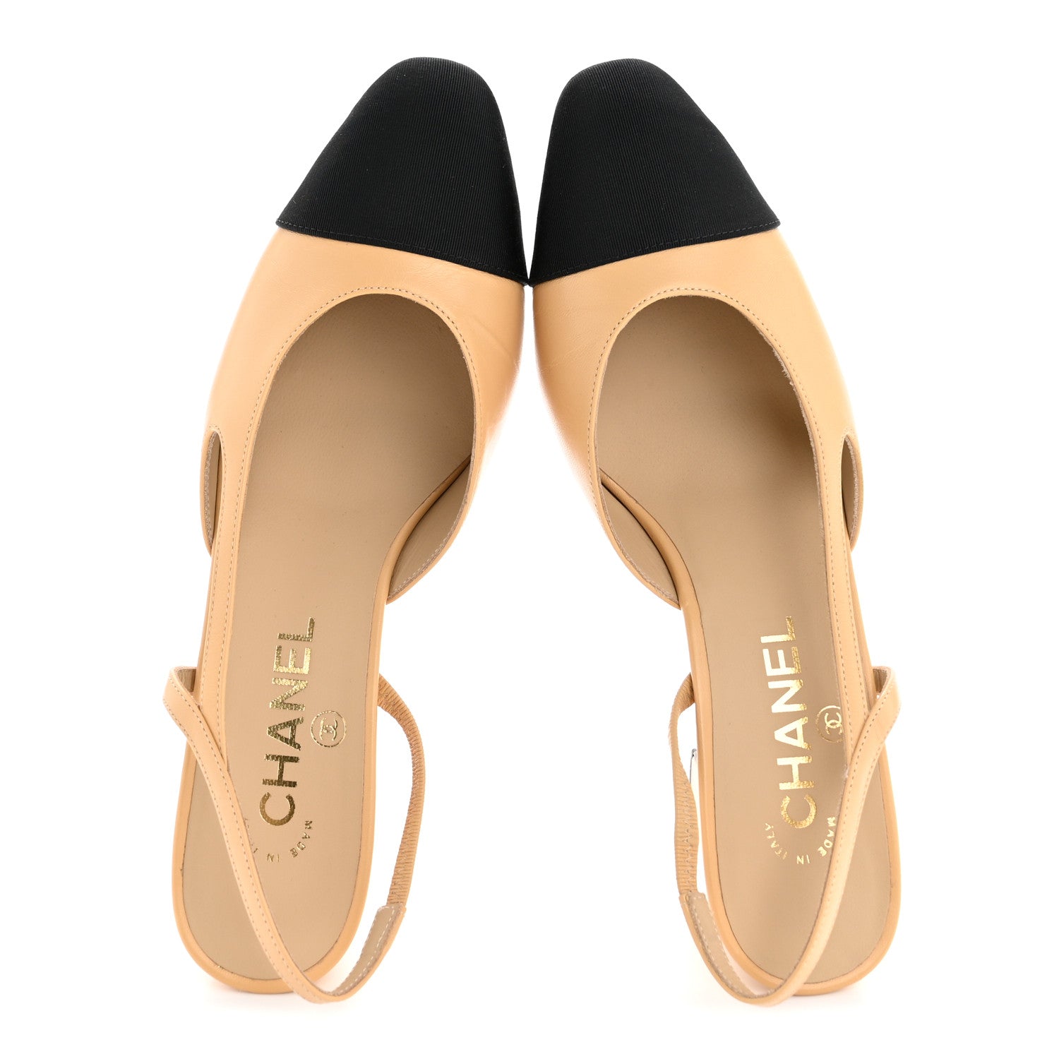 Chanel Goatskin Grosgrain Cap Toe CC Slingback Pumps 38 Beige Black 2 of 11