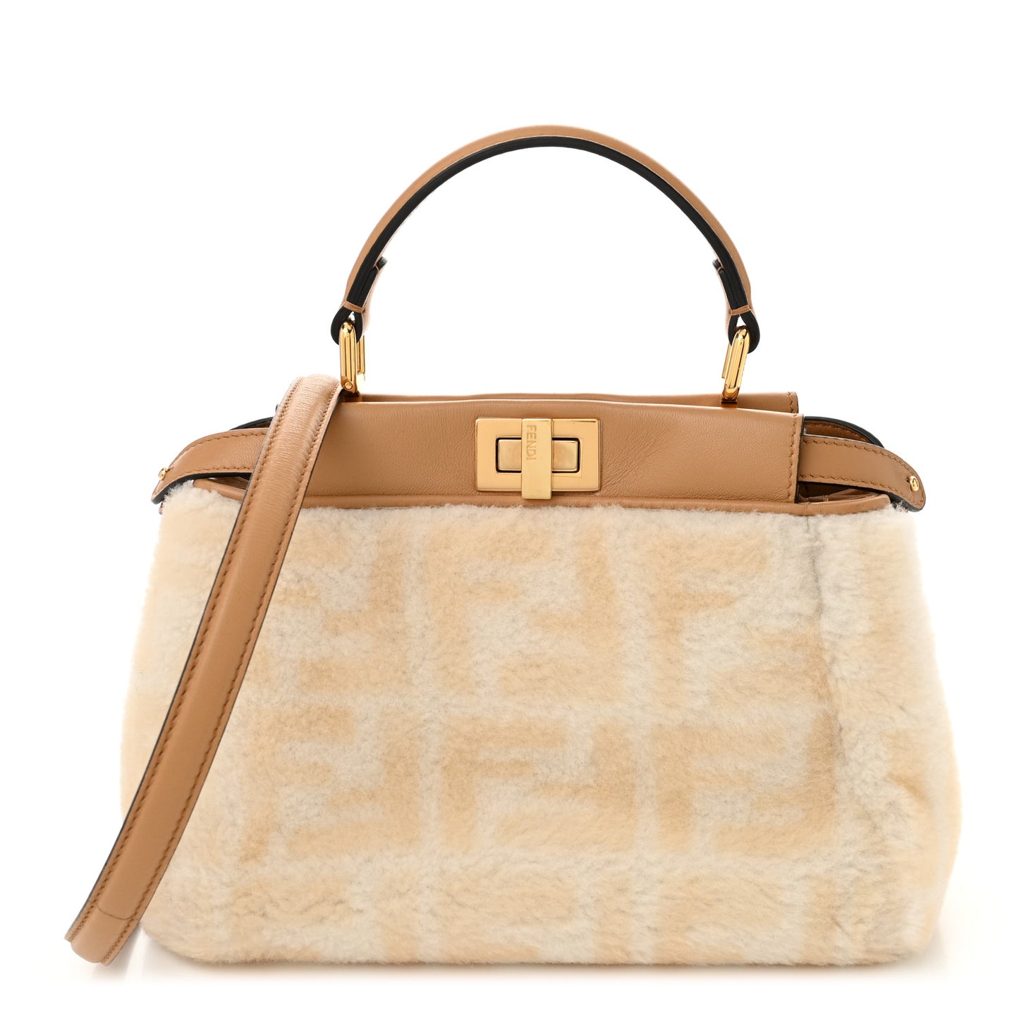 Shearling Nappa Macro FF 1974 Mini Peekaboo Iconic Satchel White Ice Cuoio Miele Scuro