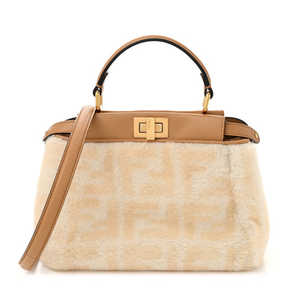 Fendi Shearling Nappa Macro FF 1974 Mini Peekaboo Iconic Satchel White Ice Cuoio Miele Scuro 1 of 11