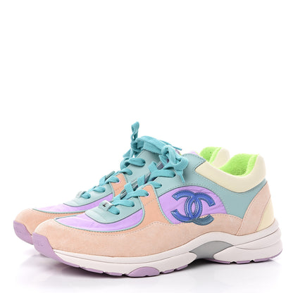 Chanel Nylon Lambskin Suede Calfskin CC Sneakers 40.5 Green Purple Pink 3 of 9