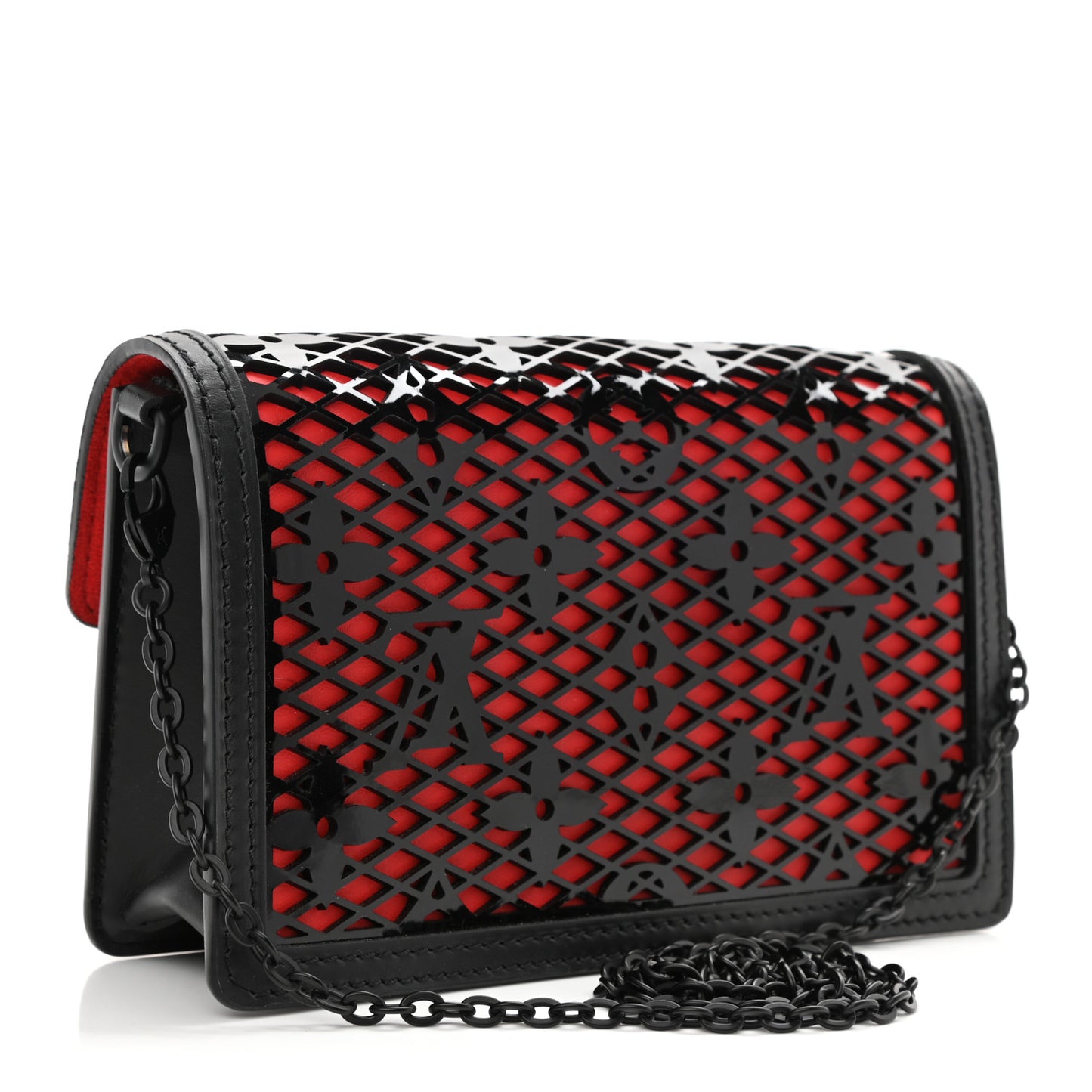Patent Calfskin Laced Monogram Dauphine Chain Wallet Black