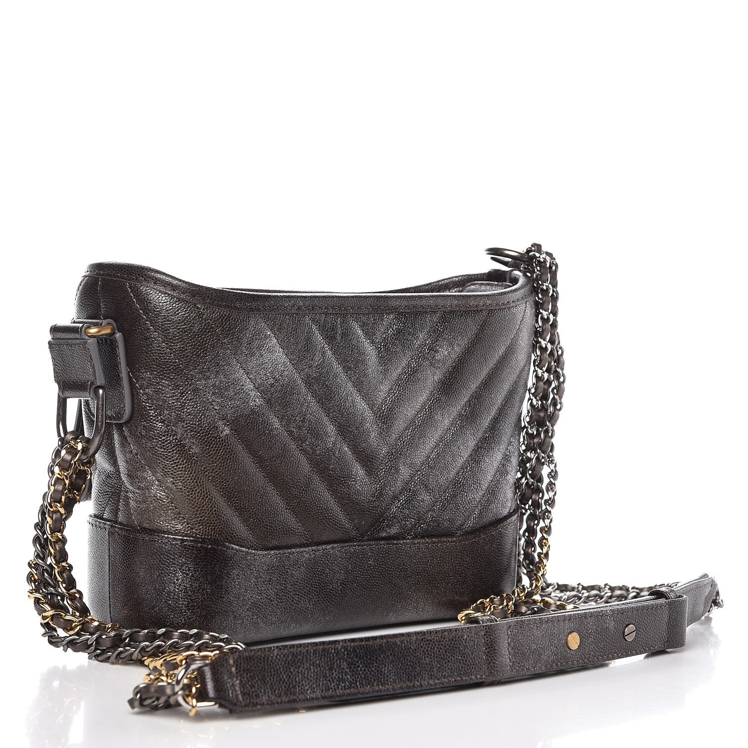 Chanel Metallic Grained Goatskin Chevron Quilted Small Gabrielle Hobo Dark Silver Gold 3 of 8