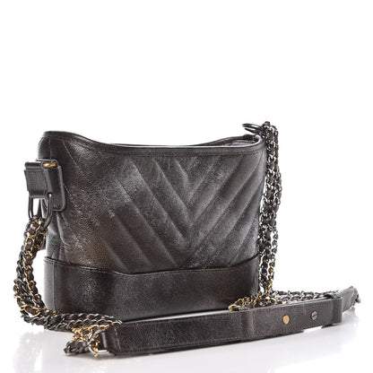 Chanel Metallic Grained Goatskin Chevron Quilted Small Gabrielle Hobo Dark Silver Gold 3 of 8