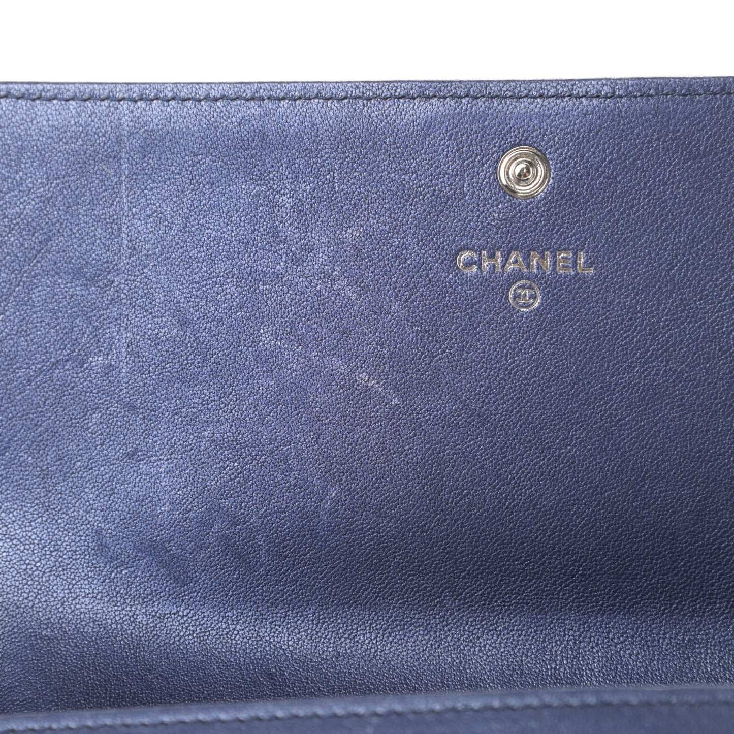 Metallic Sheepskin Chevron Quilted Mademoiselle Vintage Flap Wallet Navy