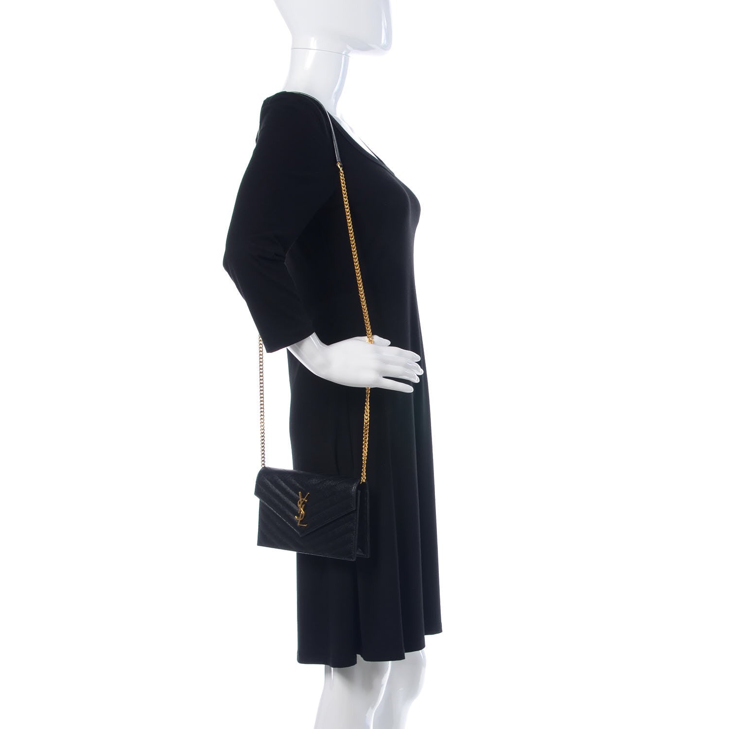Saint Laurent Grain De Poudre Matelasse Chevron Monogram Envelope Chain Wallet Black 2 of 9