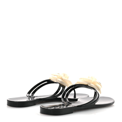 Chanel Jelly Camellia Thong Sandals 38 Black Ivory 5 of 12