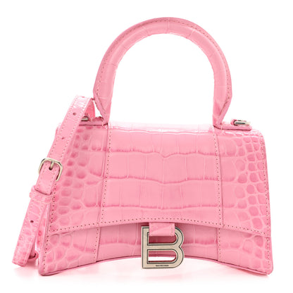 Balenciaga Shiny Calfskin Crocodile Embossed Hourglass Top Handle Bag XS Pink 1 of 11